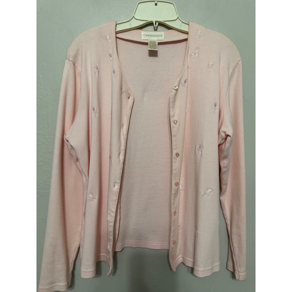 Christie & Jill Pink Cotton Embroidered Set Cardigan & Tank Top  M Y2K‎ Coquette - Picture 3 of 12